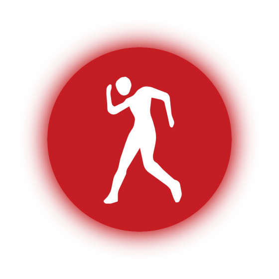 Dancer(1) Silhouette of a green figure walking on a red circular background.