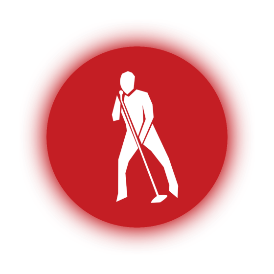 Host(1) Red circle with silhouette of a person holding a microphone stand.